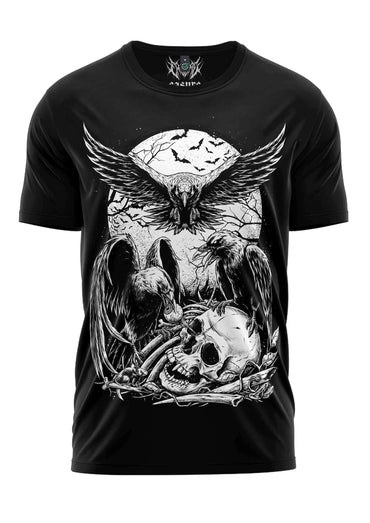 Schwarzes kurzarm t-shirt crows shirt mit gothic horror design aus ravens schädel und vollem mond in schwarzweiß