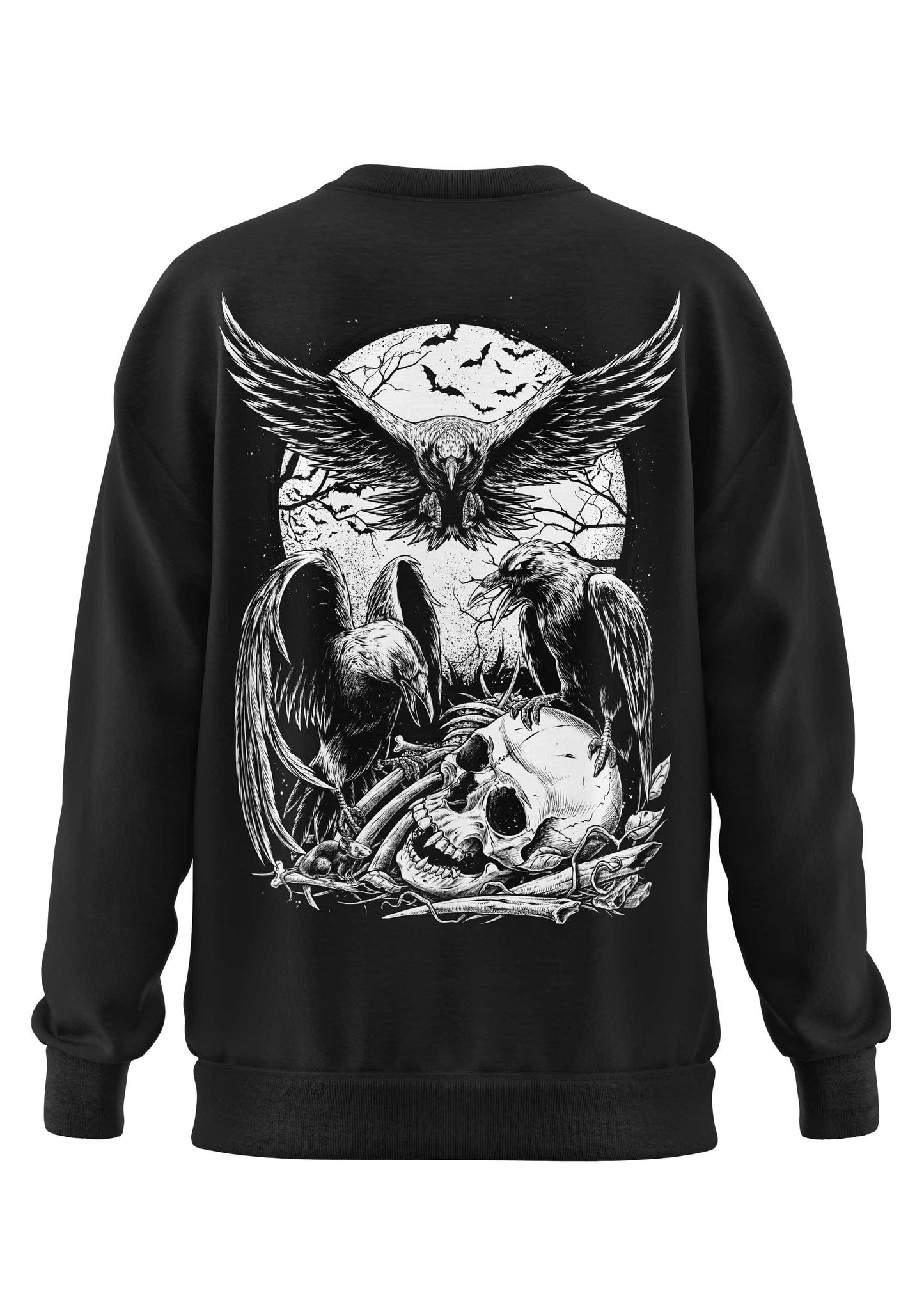 Schwerers Unisex-Sweatshirt Crows mit Eulen-, Krähen- und Totenkopfmotiv