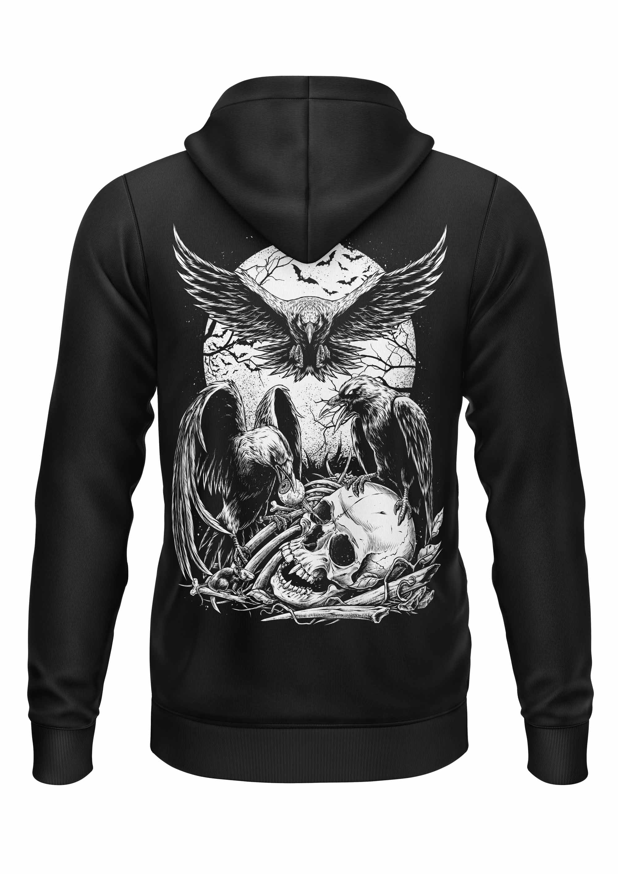 Schwerer Unisex Zipper Hoodie CROWS mit Adler, Krähen und Schädel