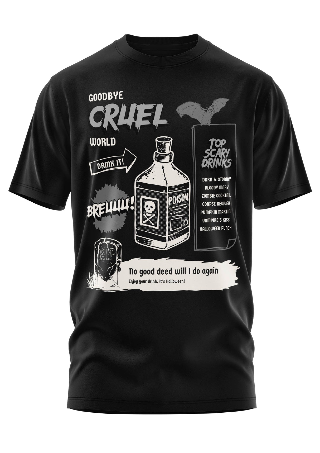 Schwarzes Kurzarm-T-Shirt mit einem gruseligen Halloween-Grafikdruck.