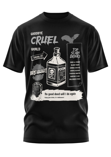 Schwarzes Kurzarm-T-Shirt mit einem gruseligen Halloween-Grafikdruck.