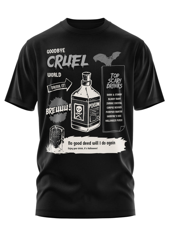 Schwarzes Kurzarm-T-Shirt mit einem gruseligen Halloween-Grafikdruck.