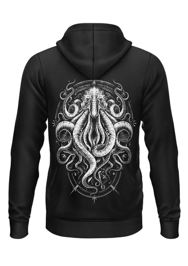 Schwarzer schwerer unisex hoodie mit detailliertem weißem cthulhu-backprint von lizenzierte bekleidung gmbh