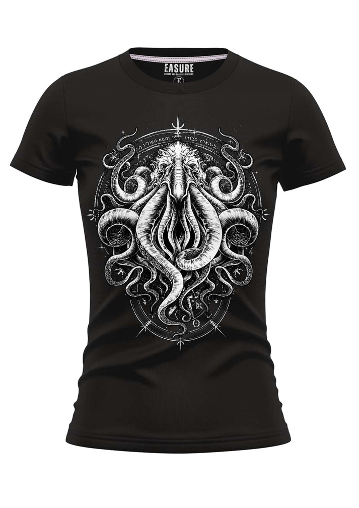 Schwarzes girlie t-shirt mit detailliertem weißem cthulhu-ähnlichem grafikdesign aus strapazierfähigem stoff und weicher qualität