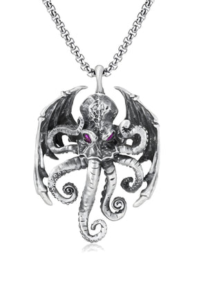 Silberne Oktopus-Anhänger-Halskette mit lila Augen und aufwendigem Design.