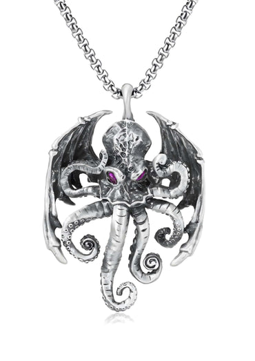 Silberne cthulhu halskette aus edelstahl mit violetten augen und filigranem oktopusanhänger