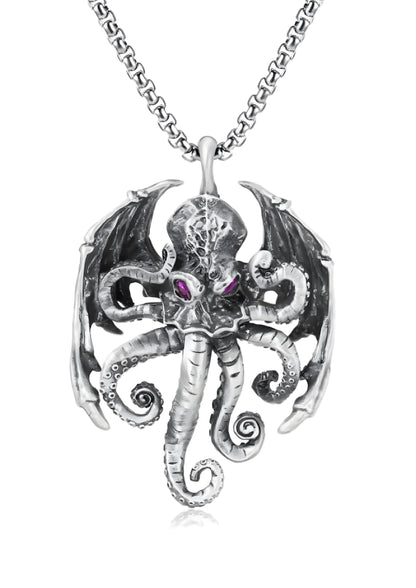 Silberne Oktopus-Anhänger-Halskette mit lila Augen und aufwendigem Design.