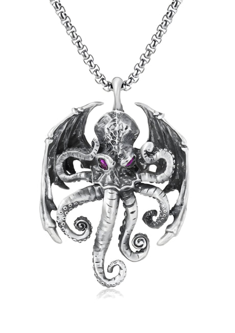 Silberne Oktopus-Anhänger-Halskette mit lila Augen und aufwendigem Design.