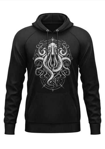 Black hoodie mit detaillierter weißer cthulhu-grafik und gotischen horror-symbolen für gothic-fans