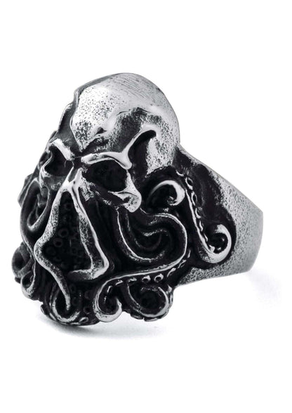 Silberfarbener cthulhu ring aus china edelstahl mit detailliertem oktopus-tentakeldesign und metallischer oberfläche