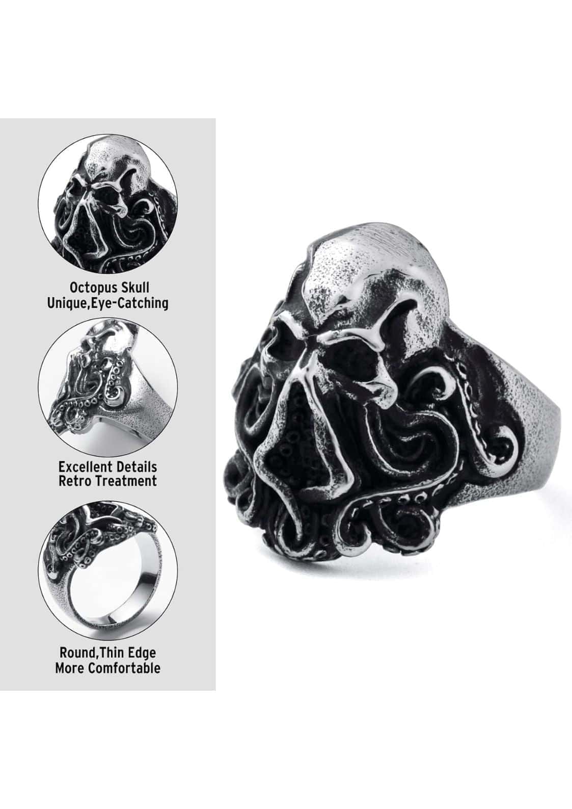 Silberfarbener cthulhu ring aus china edelstahl mit detailliertem retro-octopus-schädel und dünnem rundband
