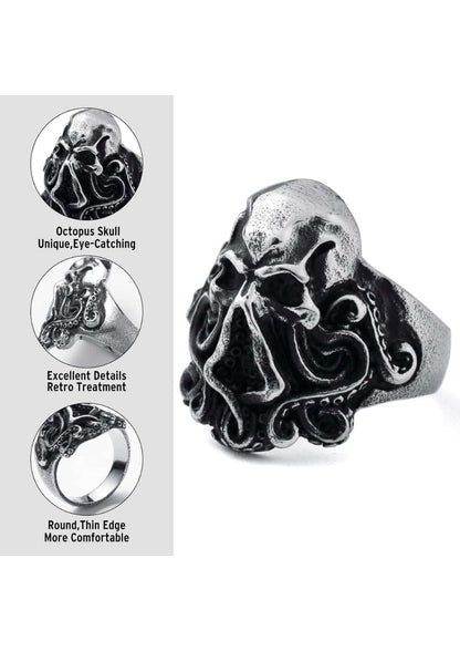 Silberfarbener cthulhu ring aus china edelstahl mit detailliertem retro-octopus-schädel und dünnem rundband