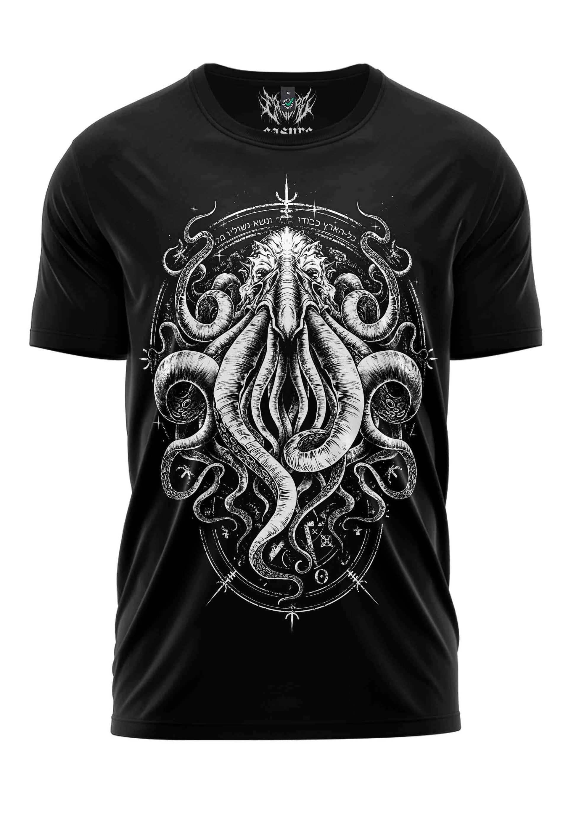 Schwarzes kurzarmshirt cthulhu mit weißem gothic horror grafikdesign eines mehrarmigen oktopus-ähnlichen wesen