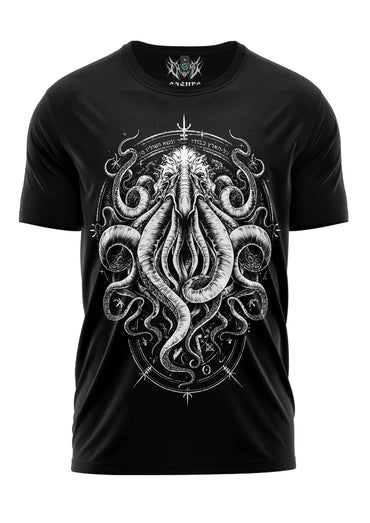 Schwarzes kurzarmshirt cthulhu mit weißem gothic horror grafikdesign eines mehrarmigen oktopus-ähnlichen wesen