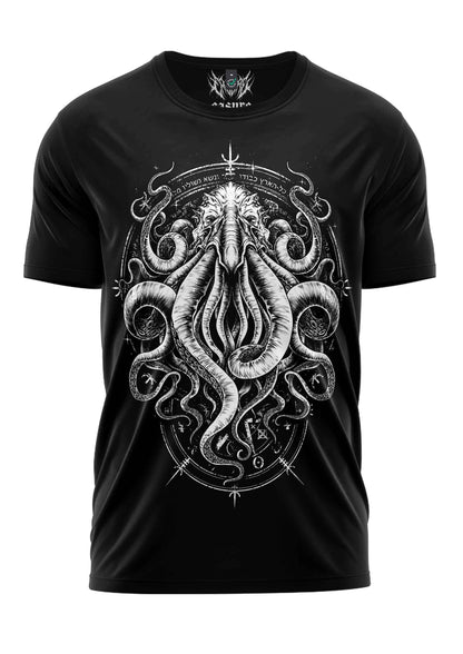 Schwarzes kurzarmshirt cthulhu mit weißem gothic horror grafikdesign eines mehrarmigen oktopus-ähnlichen wesen