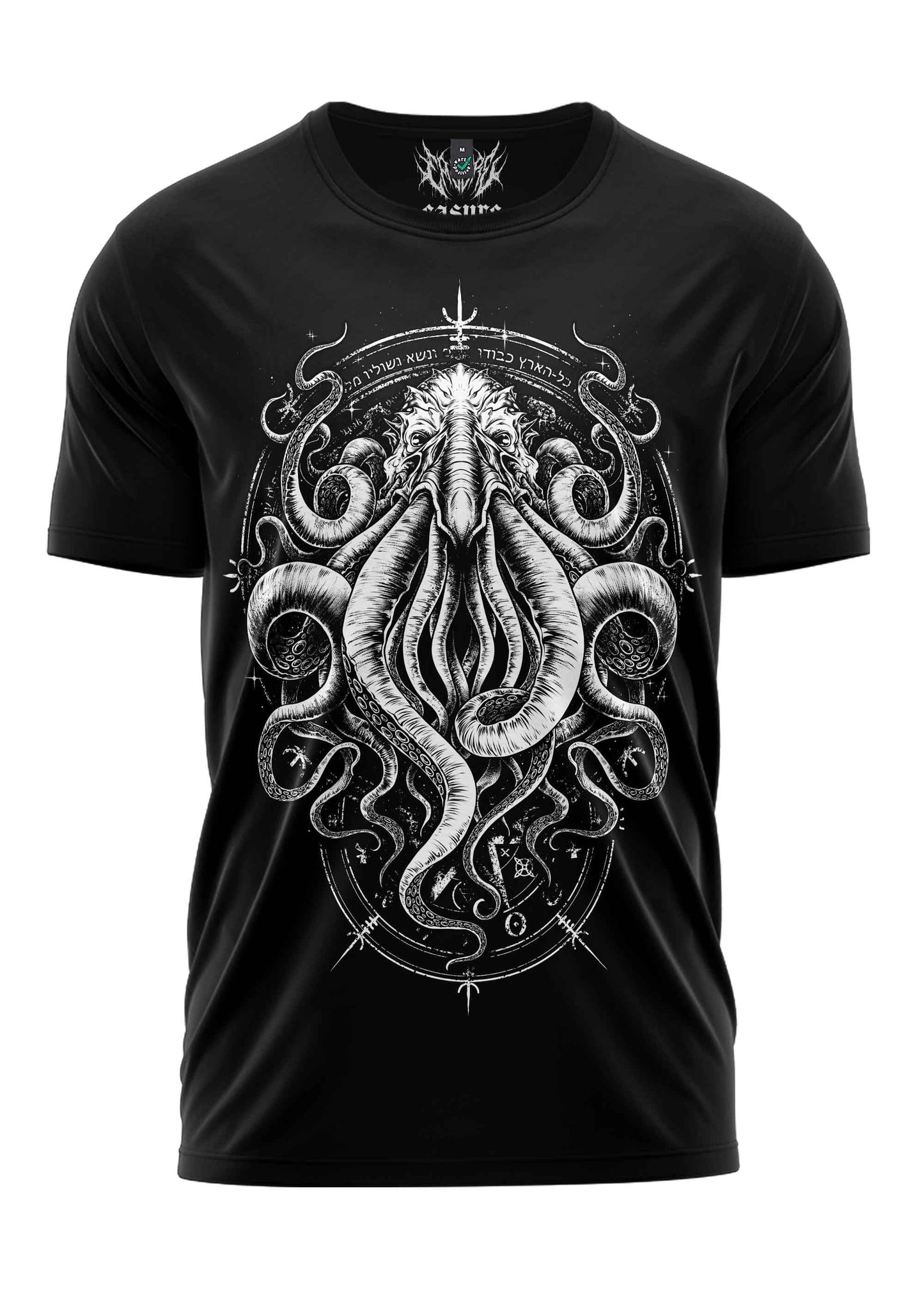 Schwarzes Gothic-Metal T-Shirt CTHULHU mit weißem Kraken-Motiv