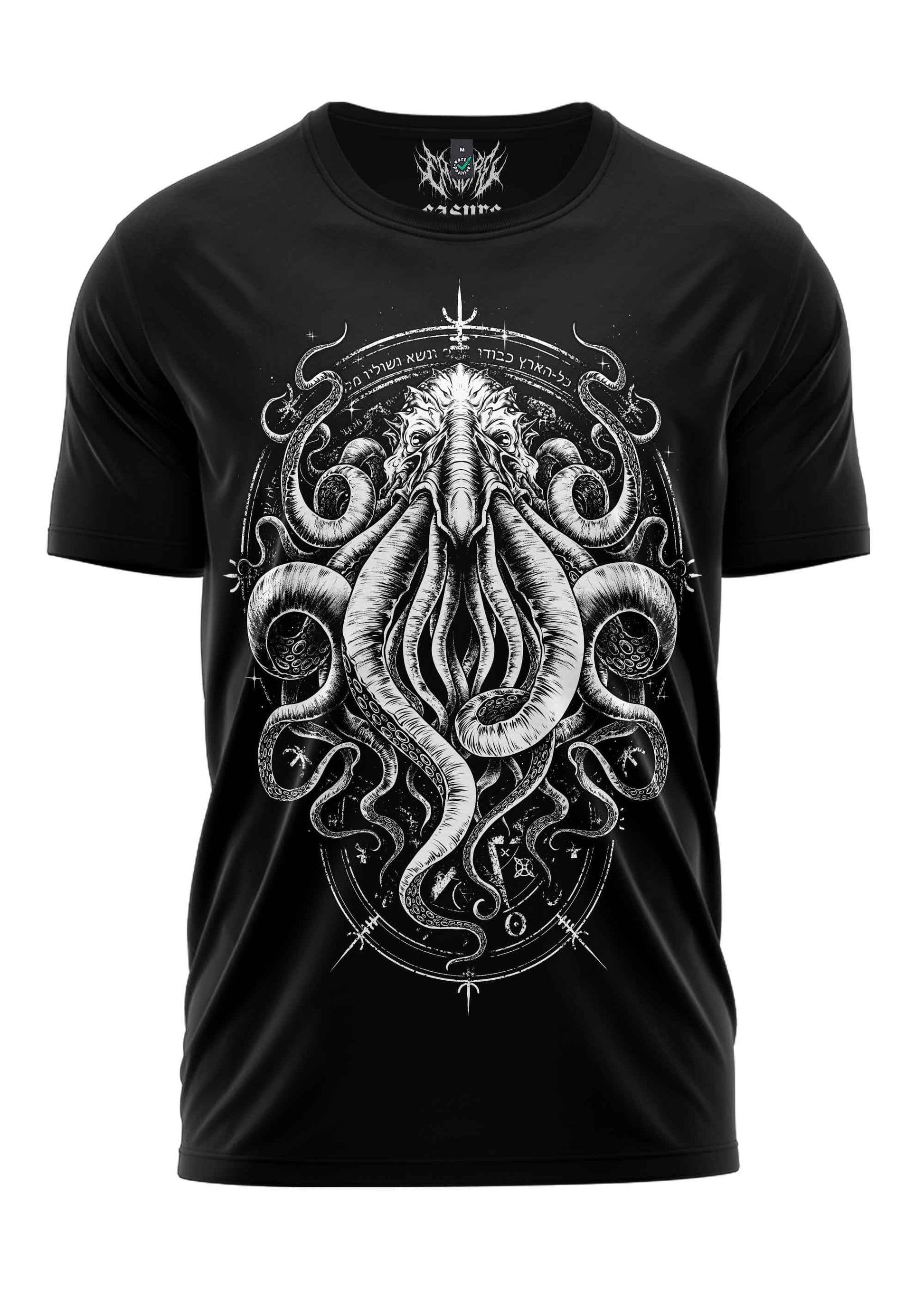 Schwarzes Gothic-Metal T-Shirt CTHULHU mit weißem Kraken-Motiv