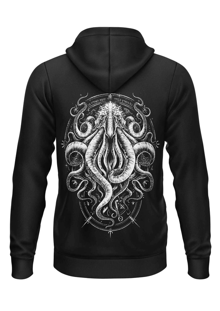 Schwarzer zip-up hoodie mit detailliertem weißem cthulhu grafik auf der rückseite gothic-reißverschluss gaia lizensierte kleidung