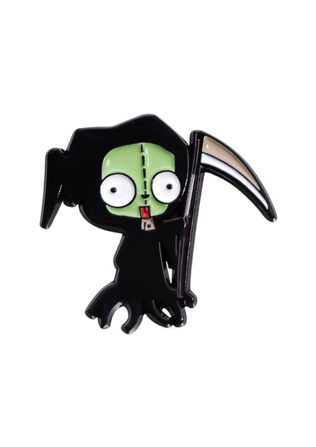 Schwarzer und grüner cartoonartiger Grim Reaper Pin mit genähtem Gesicht, roter Zunge und silberner Sense.