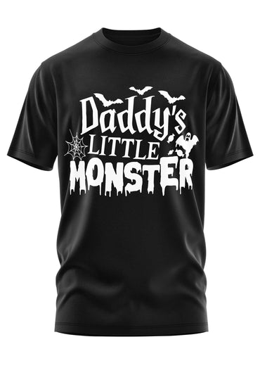 Schwarzes Baumwollshirt mit weißem Daddy´s little monster Gothic Horror Motiv mit Fledermäusen Spinnennetz und Geist