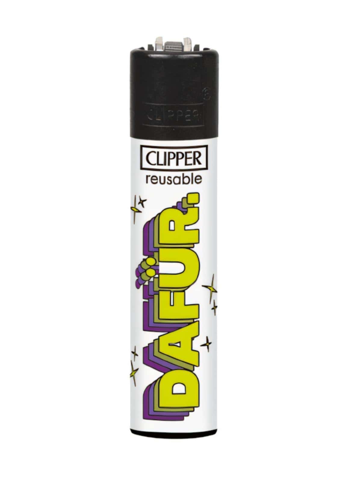 Weißes dafuer nachfüllbares clipper feuerzeug mit gelber und lila schrift sowie sternen für gothic und dark fashion fans
