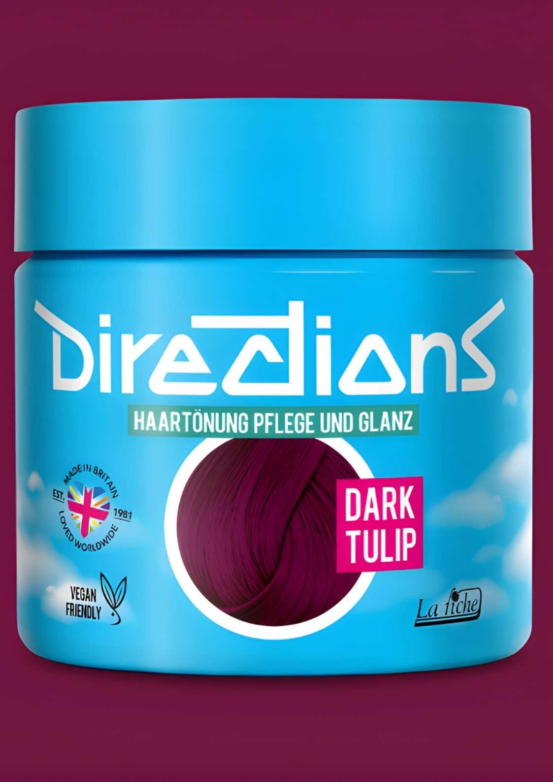 Ein lebendiger blauer zylinderförmiger behälter dark tulip directions haartönung 100ml mit markantem weißen logo
