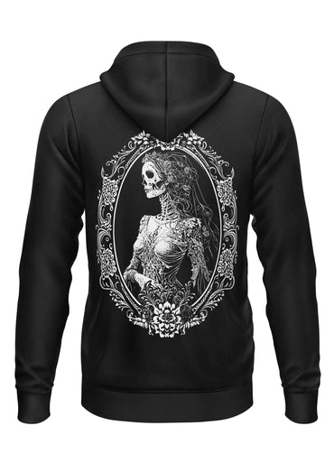 Schwarzer bitte hoodie mit weißem gothic horror skelett braut grafik im ornamentalen oval rahmen auf der rückseite