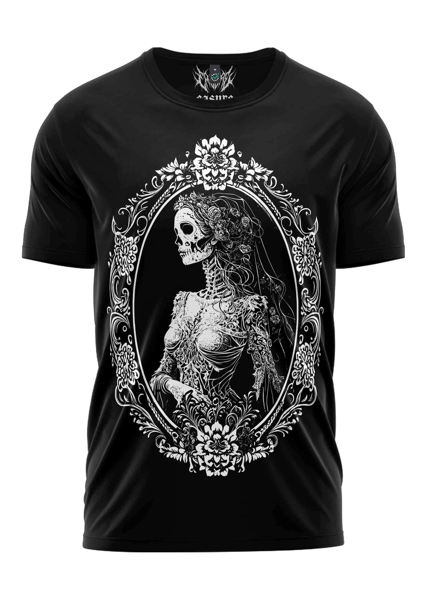 Schwarzes kurzarmshirt mit detaillierter weißer grafik einer skelettbraut in ovalem rahmen für goth und horror fans