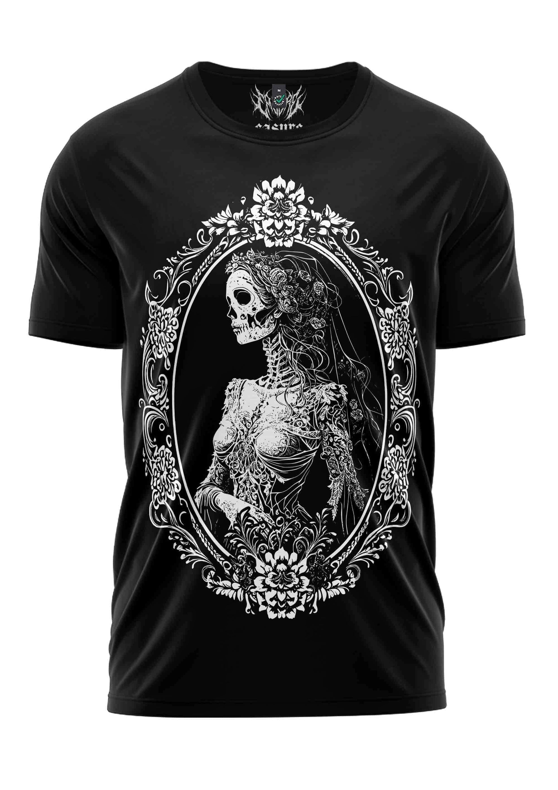 Schwarzes kurzarmshirt mit detaillierter weißer grafik einer skelettbraut in ovalem rahmen für goth und horror fans