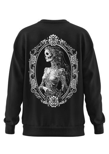 Schwarzes schweres unisex-sweatshirt dead bride mit weißem skelett-motiv im ovalen rahmen aus recyceltem polyester