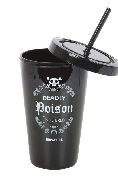 Schwarzer plastik deadly poison tumbler mit passendem deckel und strohhalm und weißem gotischem text