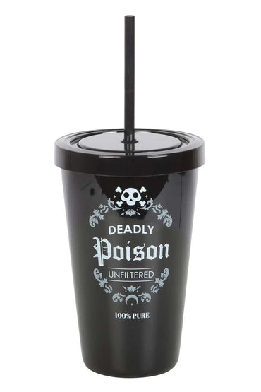 Schwarzer plastik deadly poison tumbler mit passendem deckel und strohhalm, weißer schädel und kreuzknochen mit verzierungen