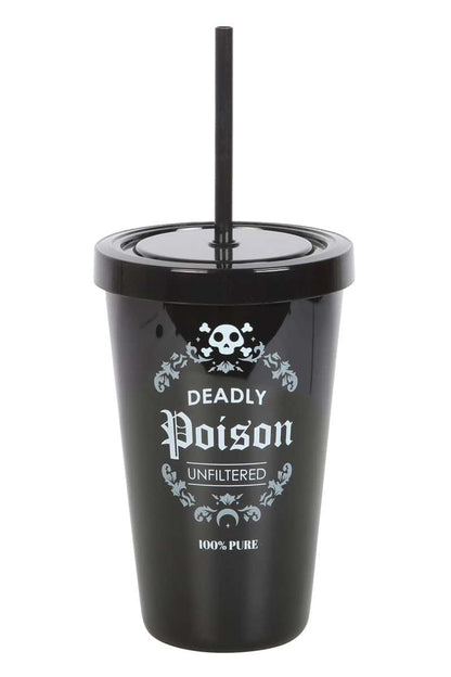 Schwarzer plastik deadly poison tumbler mit passendem deckel und strohhalm, weißer schädel und kreuzknochen mit verzierungen