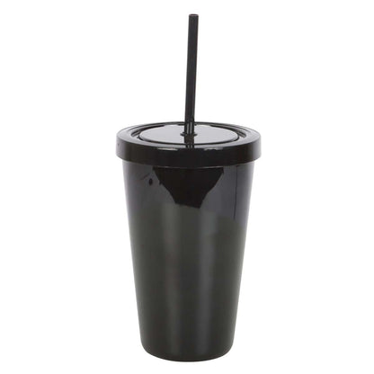 Schwarzer glänzender plastikbecher mit passendem deckel und strohhalm deadly poison tumbler für unterwegs
