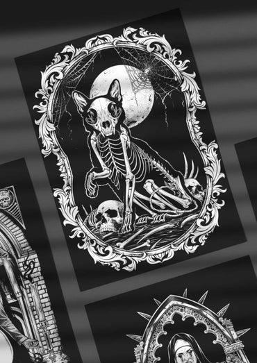 Schwarz weißes gothic alu verbundplatten bild death cat mit skelettkatze, spinnennetz und voller mond inklusive aufhängung