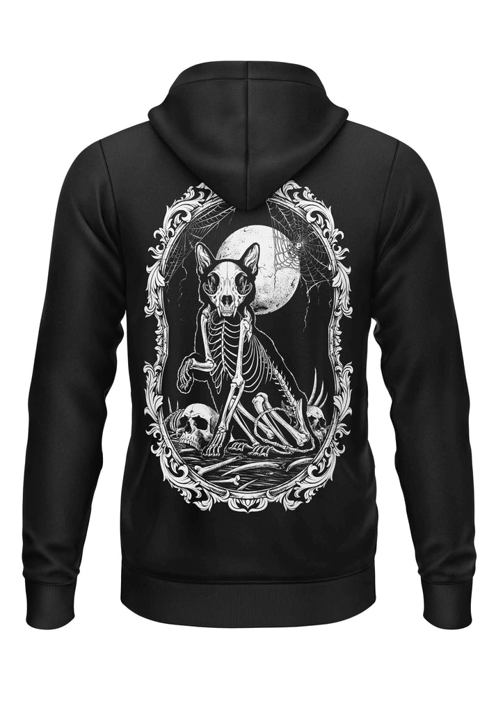 Schwarzer zip-up hoodie mit gothic horror grafik eines skelettkatze unter mond und ornamentalen rahmen hinten