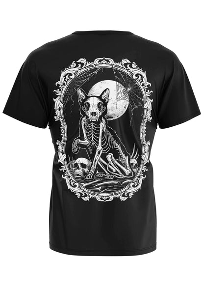 Black gothic t-shirt with gothic horror styled white cat skeleton graphic under full moon and ornate scrollwork backprint