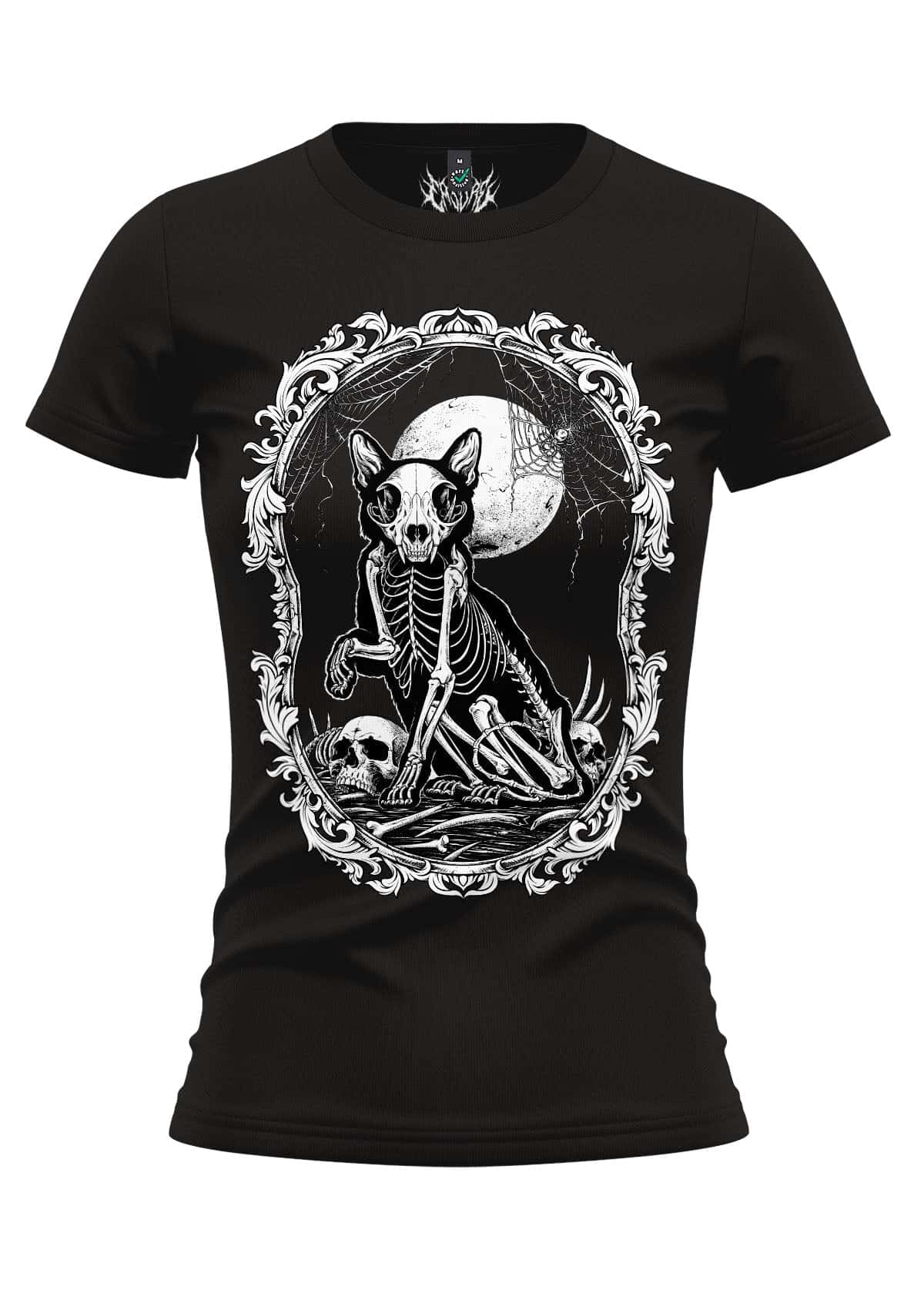 Schwarzes womens fitted death cat girlie shirt mit weißem skelettkatzenmotiv in verziertem rahmen vor vollmond