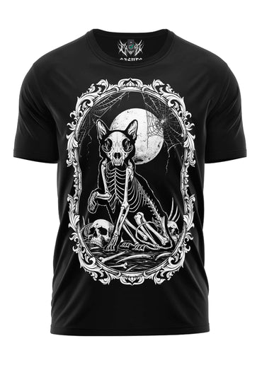 Schwarzes gothic kurzarmshirt death cat mit weißem skelettkatzenmotiv unter mond und barocker rahmen