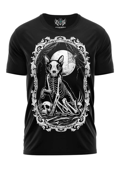 Black gothic t-shirt mit weißem horror-motiv eines skelettkatze unter mond und barockrahmen, death cat shirt