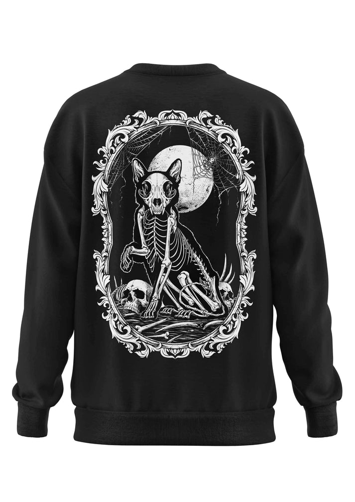 Schwarzer schwerers unisex sweatshirt death cat mit weißem skeletkatzenmotiv und barockrahmen aus strapazierfähigem stoff