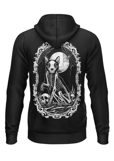 Schwerer unisex-zipper in schwarz mit death cat motiv aus strapazierfähigem stoff und weißem skelettkatzen-print