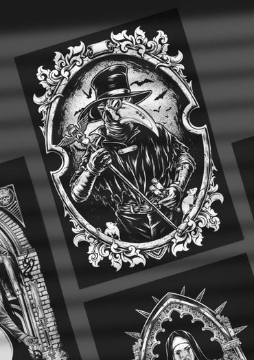 Black and white plague doctor alu verbundplatten bild mit ornate rahmen inklusive aufhängung