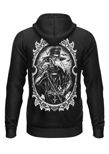 Schwarzer zip-up hoodie mit detailliertem white gothic plague doctor grafik im ornamentalen ovalrahmen auf der rückseite