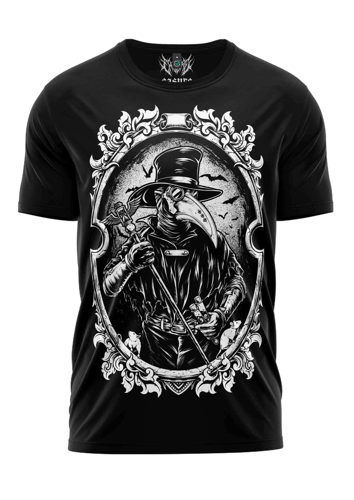 Schwarzes kurzarmshirt mit detailliertem weißen gothic horror grafikdesign eines bitte totenarztes im ovalen rahmen