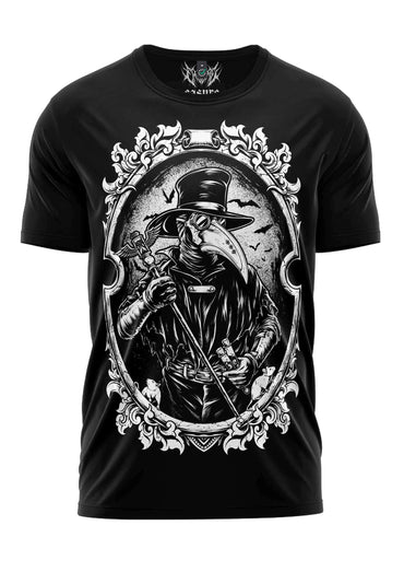 Black gothic short-sleeved shirt with white death doctor plague doctor graphic in ornate oval frame for horror fans