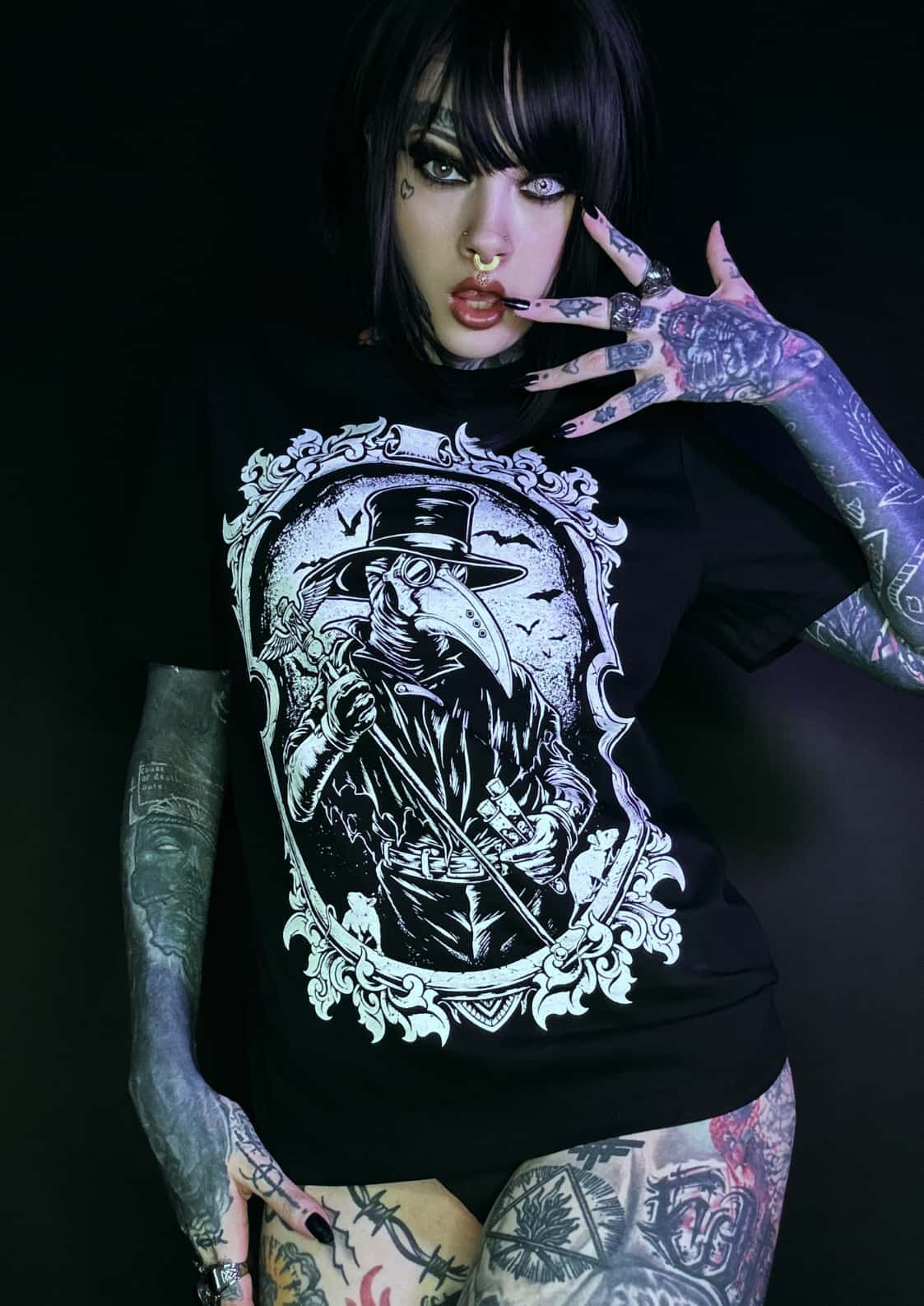 Death doctor shirt in black cotton with gothic white plague doctor graphic in ornate frame for horror fans