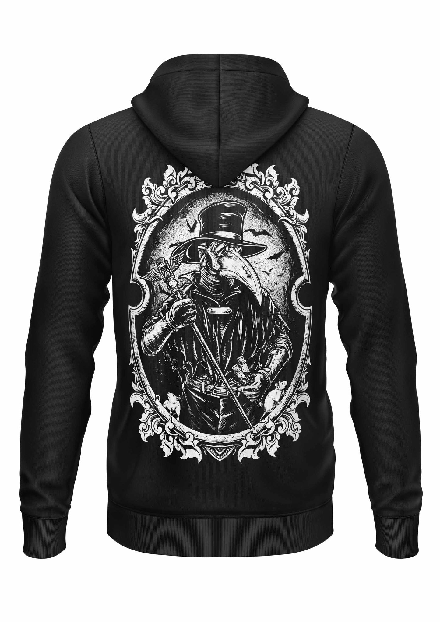 Schwerer Unisex-Zipper Death Doctor mit Pestdoktor-Grafik in Ovalrahmen aus recyceltem Polyester