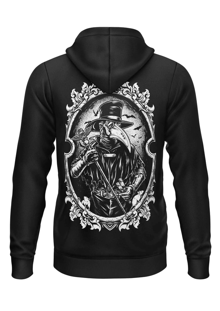 Schwerer unisex-zipper aus recyceltem polyester mit weißem plague doctor motiv im ornamentalen ovalrahmen
