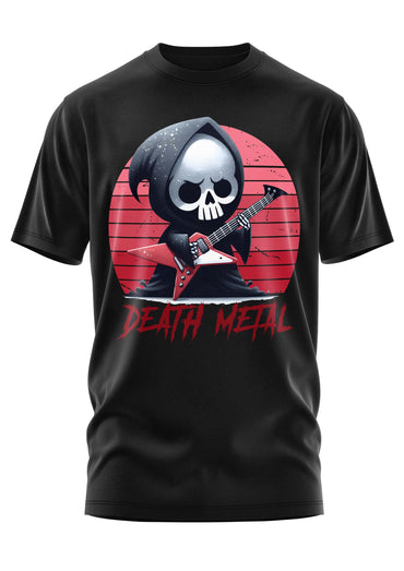 Black short-sleeved shirt with cartoonish gothic grim reaper playing red electric guitar death metal design